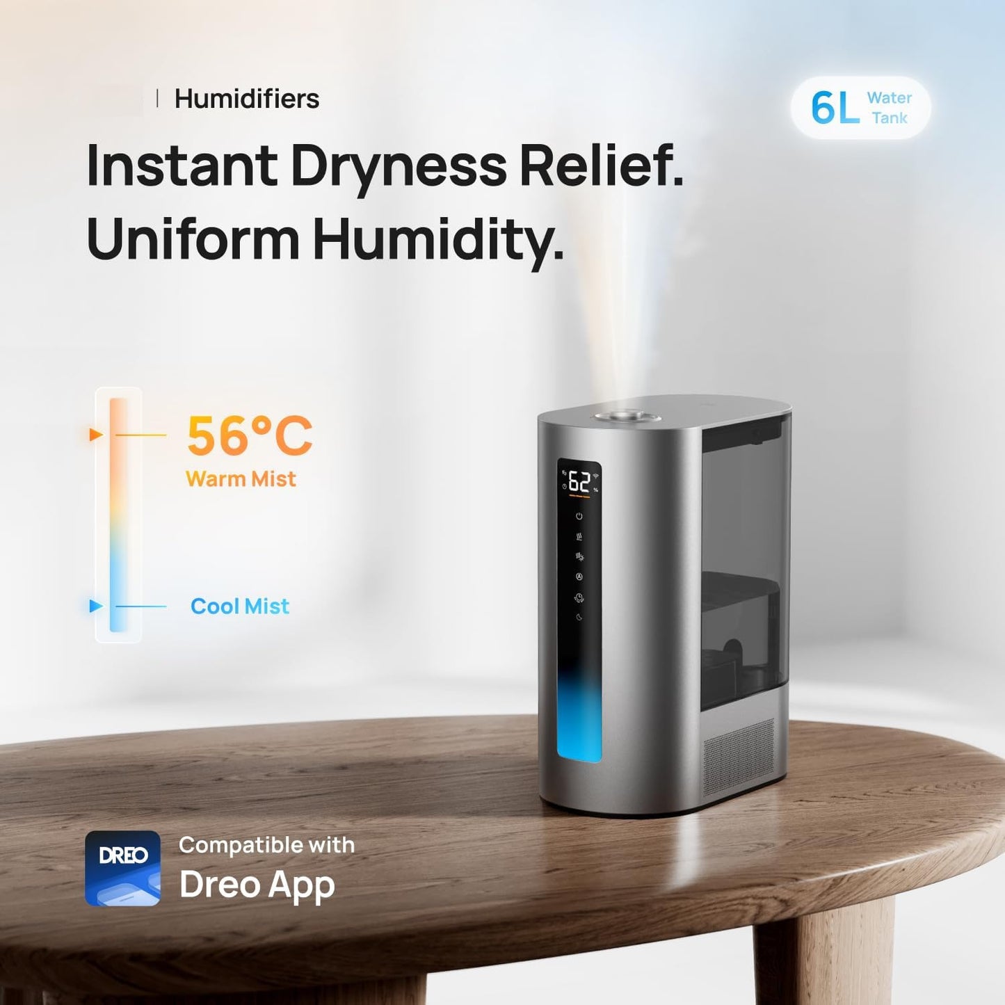 HUM713S Smart WiFi Ultrasonic Humidifier 6L – Quiet 28dB Hot & Cool Mist Essential Oil Diffuser